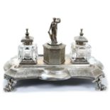 Victorian silver ink stand of shaped rectangular form, with engraved Gothic style decoration