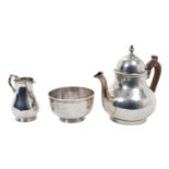 Edwardian silver bachelors' three piece teaset comprising teapot of baluster form with domed hinged