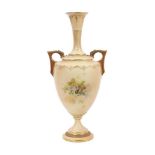 A Royal Worcester twin-handled blush ivory vase, decorated with fruits and spiders, date code for 18