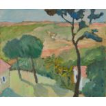 *John Hanbury Pawle (1915-2010) oil on board- Landcape with trees and buildings, unsigned, 51cm x 61