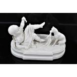 19th century Parian figure of child holding leg of doll while dog destroys remainder of doll titled