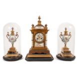19th century French porcelain and gilt metal mantel clock, with pair of 19th century porcelain and g