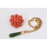 Antique coral brooch and a green nephrite pendant on 9ct gold chain