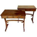 Rare pair of Regency yewwood and rosewood crossbanded two drawer side tables.