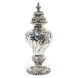 Victorian silver sugar caster of inverted baluster form, with wrythen decoration