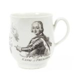 A Worcester porcelain bell-shaped mug, transfer-printed in black with the King of Prussia, circa 175