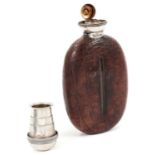Unusual George V silver topped glass hip flask of oval form mounted in simulated crocodile skin leat