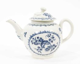 A Worcester blue and white teapot, circa 1780, decorated with the Fruit and Wreath pattern, crescent