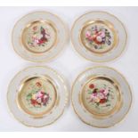 Four English porcelain dessert plates, painted with flowers, on a grey and gilt ground, circa 1840
