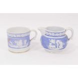 A New Hall mug, with applied decoration, on a lilac ground, and dated 1819, and a similar jug