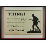 A First World War recruitment poster, 'Think! Are you content for him to fight for you?