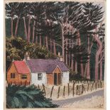 *Dione Page (1936-2021) gouache and pastel on paper laid on card - cottage in the woods, signed, tit