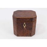 George III burr yew veneered octagonal tea caddy with bone escutcheon