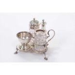 Victorian silver condiment set, comprising three cut glass jars, with silver tops and a silver salt