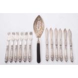 Set of six Victorian silver fish knives and forks and a George III silver fish slice