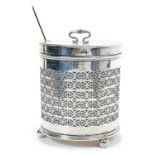 Edwardian silver marmalade pot container of cylindrical form, with pierced decoration