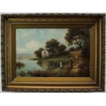 English School Circa 1880, oil on canvas - A river landscape with a mother and child feeding ducks i