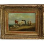 Continental School 19th Century, oil on board - A herdsman and his family with cattle and sheep, 18c