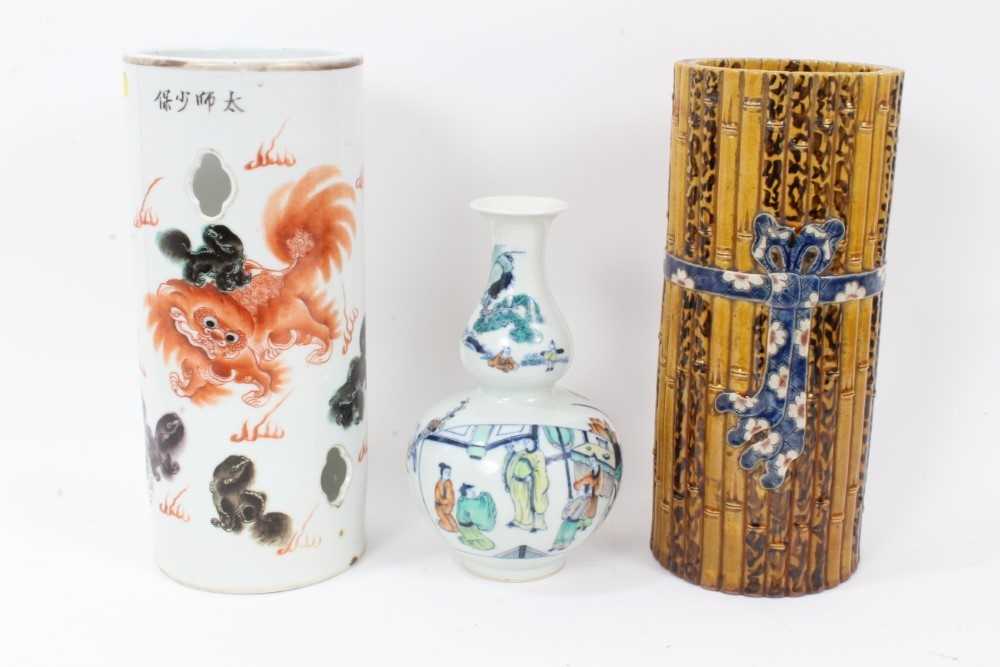 Three Chinese ceramic items, including a Doucai double gourd vase, a Republic sleeve vase decorated