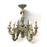 Painted wooden six branch chandelier, with six scrolling arms issuing from central knopped column, 5