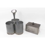 19th century Continental tin bottle carrier, with three compartments and surmounting carrying handle