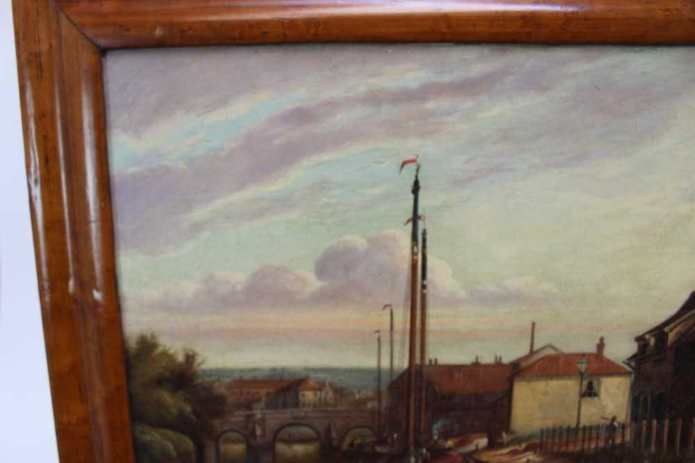 19th century oil on canvas - moored barges, 40cm x 60cm, in maple veneered frame - Image 5 of 9