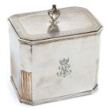 1920s Britannia Standard silver tea caddy of octagonal form, with engraved armorial crest