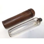 Edwardian glass saddle flak with silver top in brown leather case (Birmingham 1906), flask 25cm long