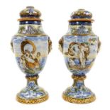 Pair of unusual antique Italian Maiolica vases with lids formed as oil lamps