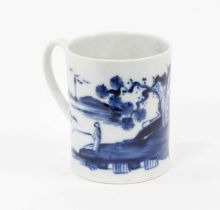 A rare Worcester blue and white coffee can, circa 1760, painted with a variation of the Fisherman pa