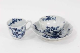 A Worcester blue and white trio, circa 1758, decorated with the Prunus Root pattern, painter's marks