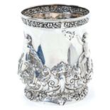 Late Victorian silver beaker of baluster form, with raised decoration depicting children with doves