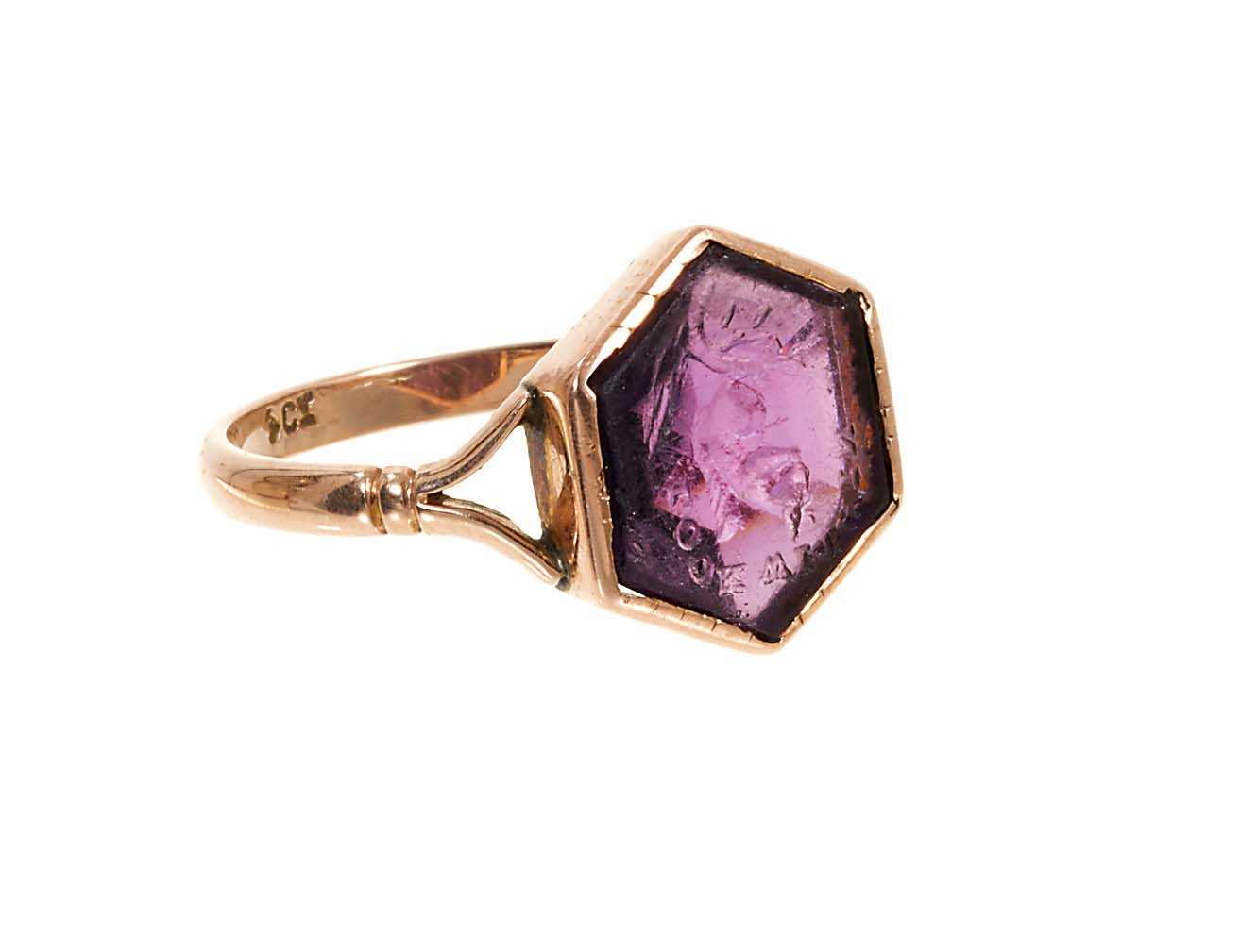 Victorian rose gold amethyst glass intaglio ring