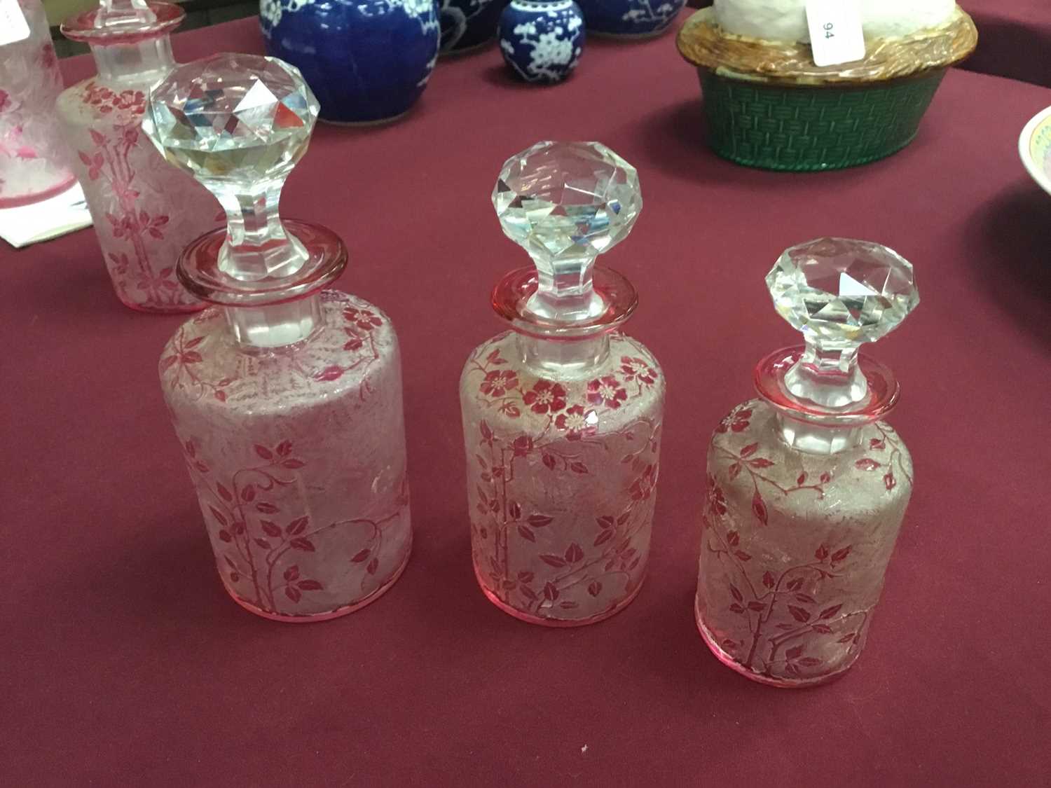 Rare set of five early 20th century Baccarat crystal graduated scent bottles with facet cut stoppers - Image 3 of 3