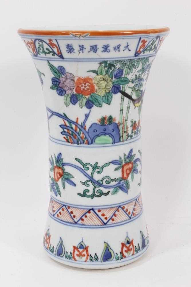 Chinese Gu vase, decorated in the Wucai style with bands of birds and flowers, six-character Wanli m