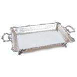 Edwardian silver twin handled dish of rectangular form, with pierced decoration