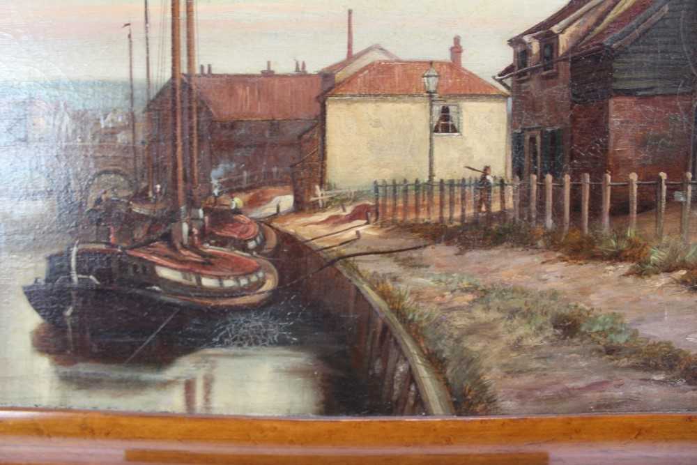 19th century oil on canvas - moored barges, 40cm x 60cm, in maple veneered frame - Image 3 of 9