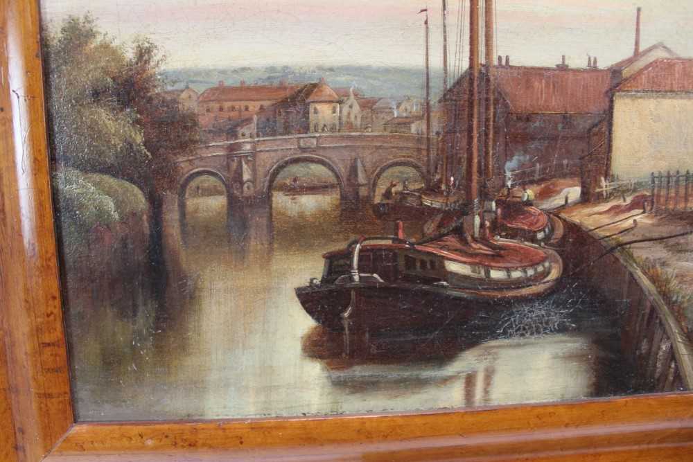 19th century oil on canvas - moored barges, 40cm x 60cm, in maple veneered frame - Image 4 of 9