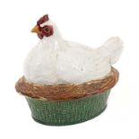 A Minton majolica hen crock, mid 19th century, with white feathers, stamped marks, 20cm high