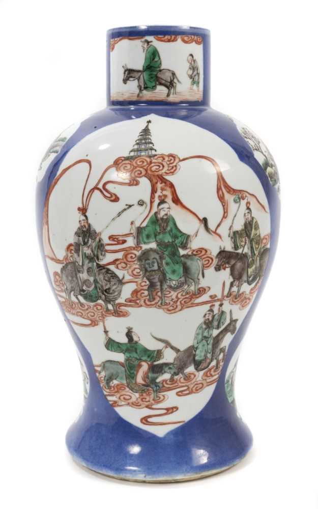 Chinese porcelain baluster vase, 19th century, decorated with figural panels in famille verte enamel