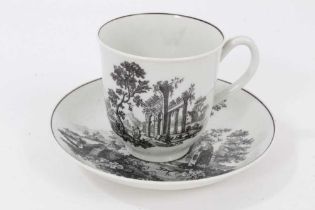 A Worcester black-printed cup and saucer, circa 1760, decorated with classical ruins, the saucer mea