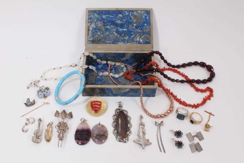 Lapis lazuli box containing a vintage 'cherry amber' bead necklace, Australian bolder opal and silve