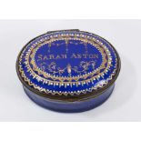 A South Staffordshire enamel patch box, inscribed in gilt ‘Sarah Aston’, circa 1800