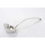 George III silver Old English pattern soup ladle, with oval bowl and bright cut decoration