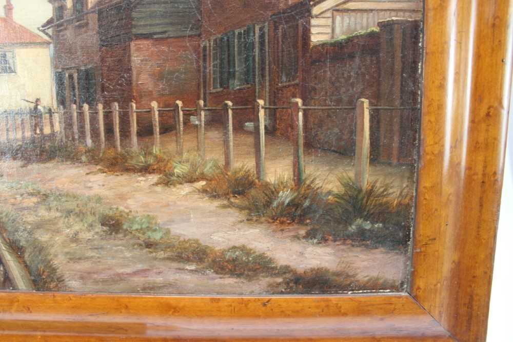 19th century oil on canvas - moored barges, 40cm x 60cm, in maple veneered frame - Image 2 of 9