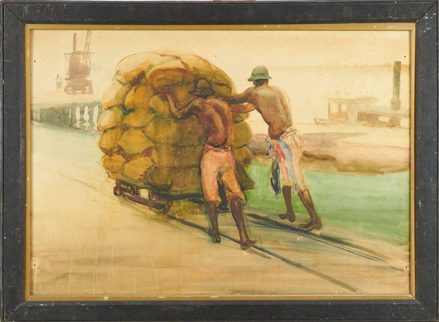 *Gerald Spencer Pryse (1882-1956) watercolour - ‘Loading Groundnuts on the wharf at Burutu’, titled