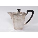 1930s silver coffee pot of tapering rectangular form, with hinged fluted cover and ebony handle