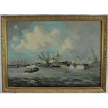 Continental School, 20th century, oil on canvas - Harbour scene, indistinctly signed, in gilt frame