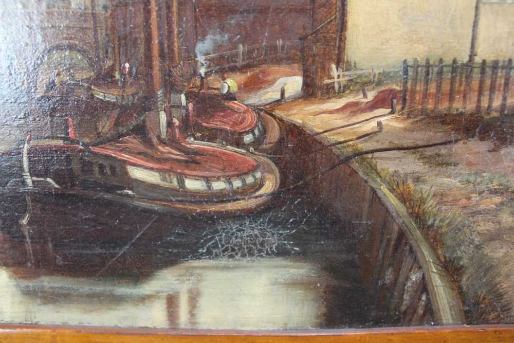 19th century oil on canvas - moored barges, 40cm x 60cm, in maple veneered frame - Image 8 of 9