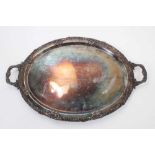 Large oval silver plated two handled serving tray with floral, scroll and acanthus leaf border, 69cm